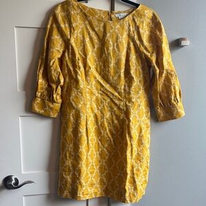Boden 8P petite Kate 100% linen dress mustard yellow pineapple lattice